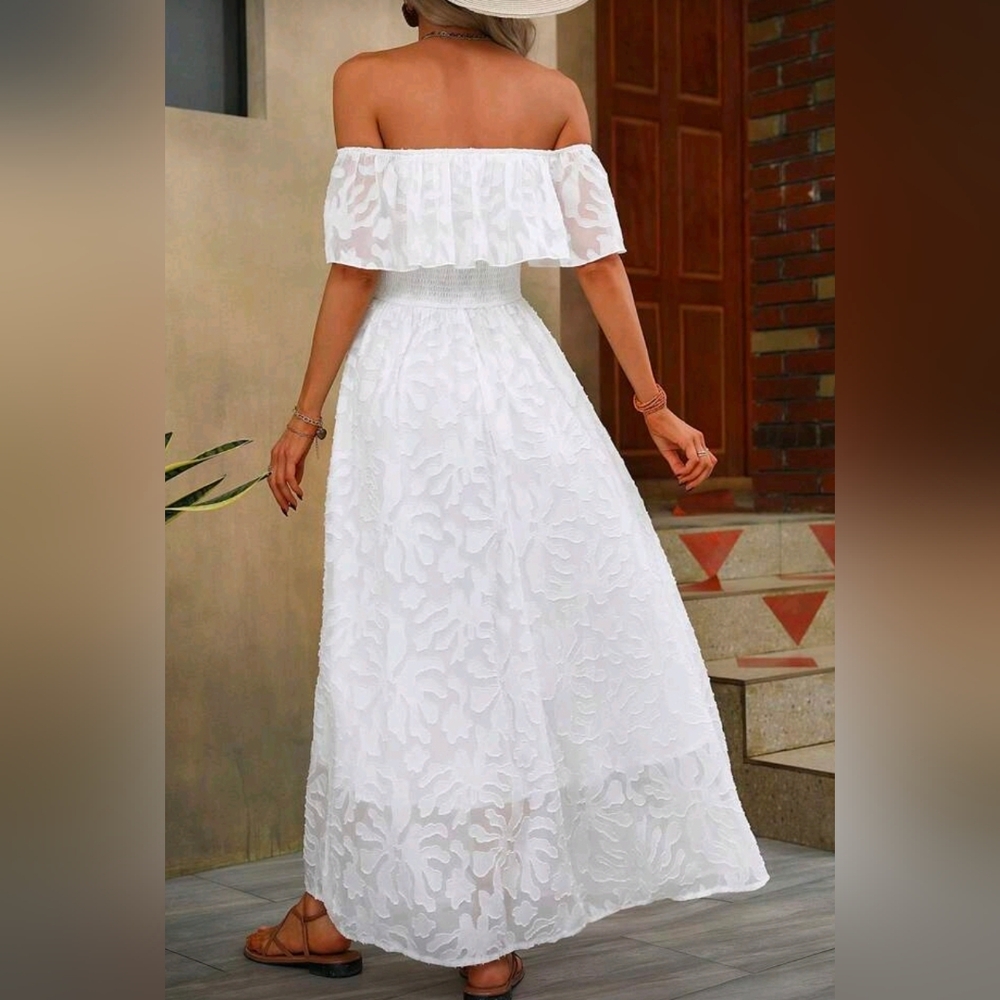 New Flowy Sheer Floral Off Shoulder Maxi Dress White - Picture 5 of 8